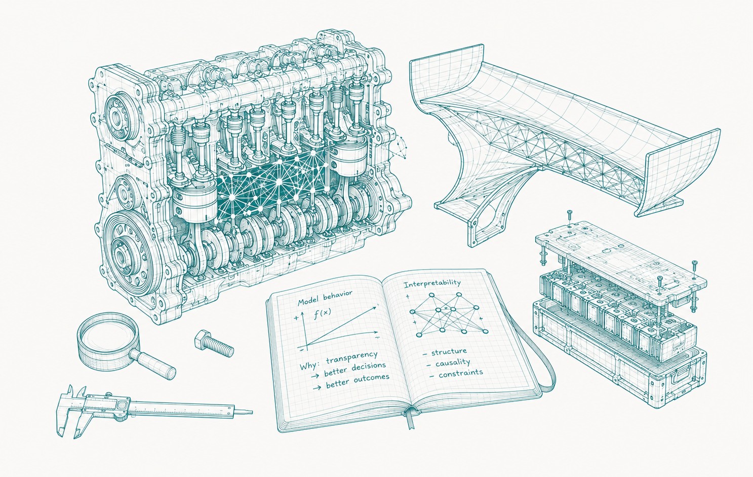 Blueprint illustration of mechanical components, a notebook, and interpretability diagrams